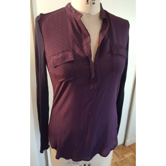 Aritzia BABATON silk blend navy & purple long sleeve V neck top blouse tunic - Picture 11 of 11